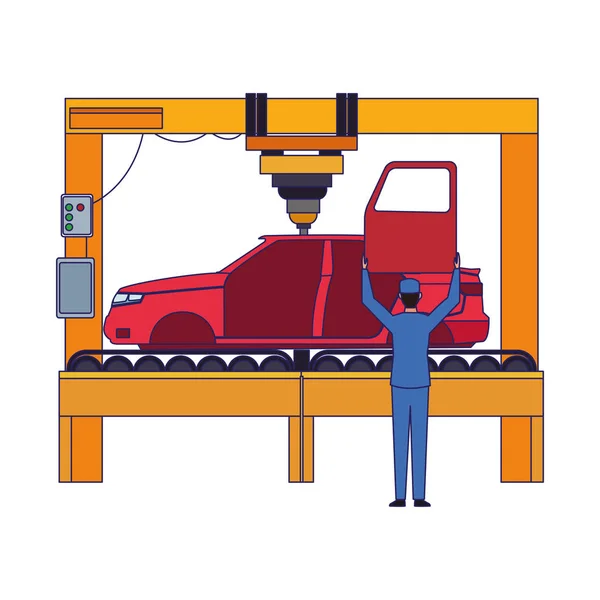 Stroj s zdviženým vozem a mechanik s dveřmi do auta, barevný design — Stockový vektor