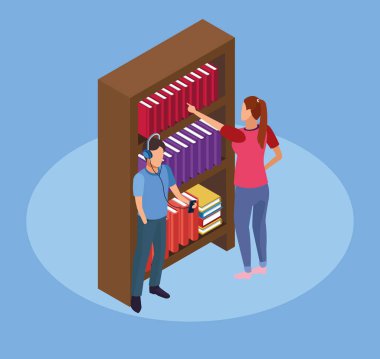 Müzik dinleyen bir adam ve renkli tasarım kitaplığından kitap seçen bir kadın.