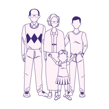 Yaşlı kadın ve adam ve genç kız ve erkek, düz tasarım.