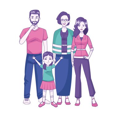 Genç çiftli yaşlı kadın ve küçük kız ayakta, renkli tasarım