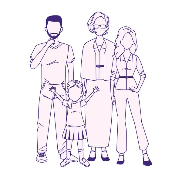 Gammal kvinna med unga par och liten flicka stående — Stock vektor