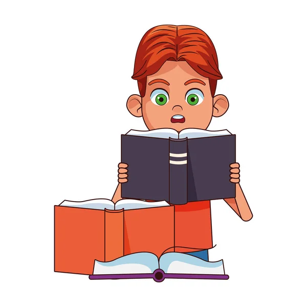 Tecknad pojke med böcker ikon, färgglad design — Stock vektor