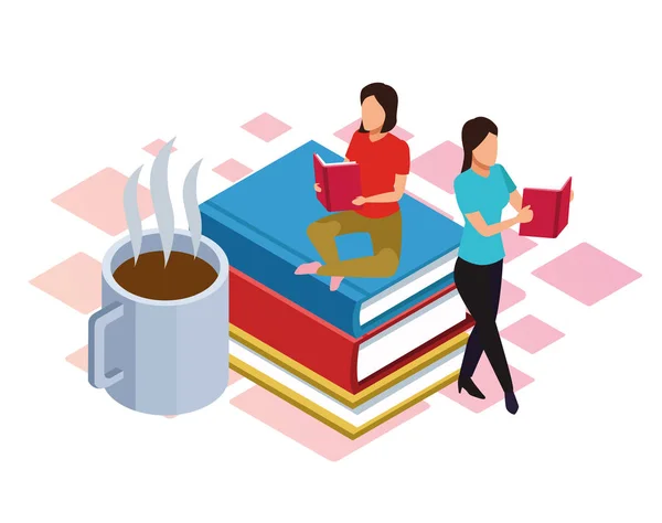 Taza de café caliente y las mujeres leyendo alrededor, diseño colorido — Vector de stock