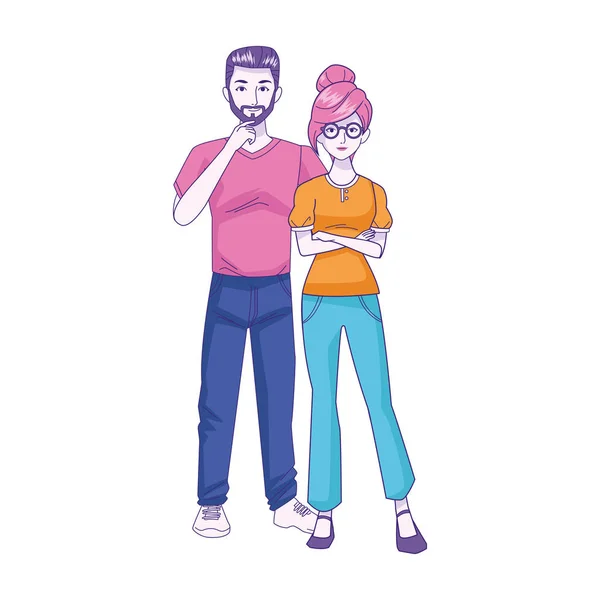 Pareja joven de pie y con ropa casual, diseño colorido — Archivo Imágenes Vectoriales