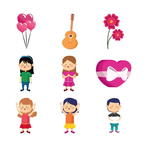 Icono conjunto de niñas y niños felices y regalos de San Valentín — Vector de stock
