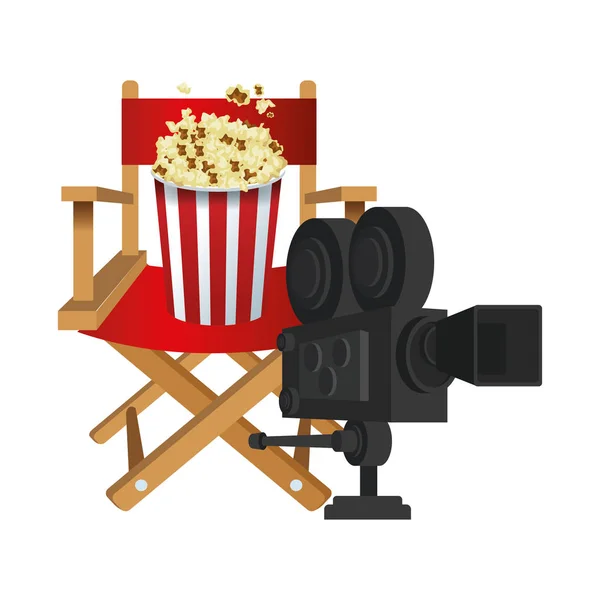 Sedia regista con secchiello pop corn e cinepresa — Vettoriale Stock
