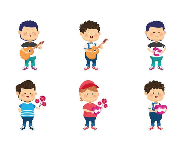 Icono conjunto de dibujos animados niños felices con regalos de amor — Vector de stock