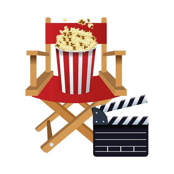 Chaise de réalisateur avec seau de maïs pop et clapboard, design coloré — Image vectorielle