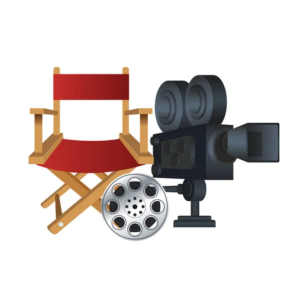 导演椅子，配有电影摄影机和胶卷，五彩缤纷的设计 — 图库矢量图片