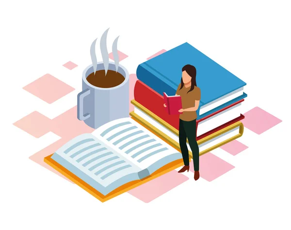 Cartoon-Frau liest mit Büchern und heißem Kaffeebecher herum, buntes Design — Stockvektor