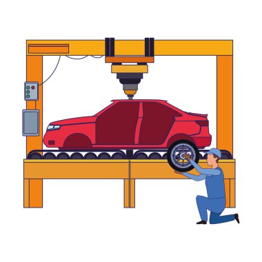 Araba tamircisinin araba gövdesi ve renkli tasarımı ile makinede çalışmasının tasarımı