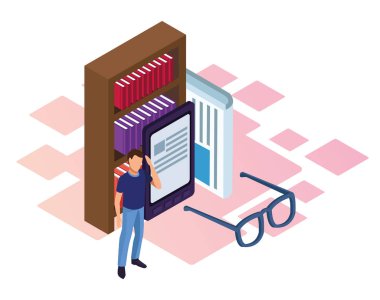 kitaplık, kitap aygıtı ve ayakta duran adam