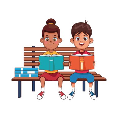 Mutlu çocuklar kitap okuyor, bankta oturuyor.