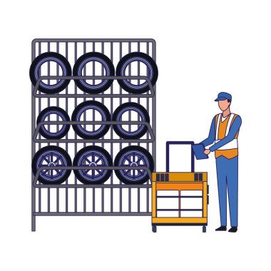 Araba tamircisi, el arabası ve lastik askısı.