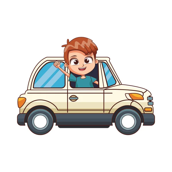 Χαρούμενο αγόρι σε ένα κλασικό εικονίδιο αυτοκινήτου, πολύχρωμο σχεδιασμό — Διανυσματικό Αρχείο