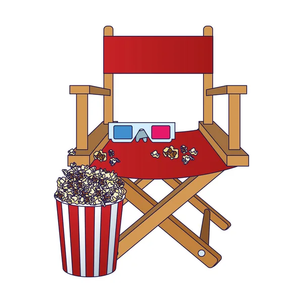 Sedia registi con bicchieri 3d e ciotola pop corn, design colorato — Vettoriale Stock