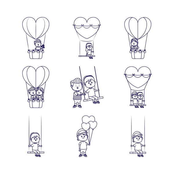 Conjunto de iconos de parejas felices en globo aerostático corazón, diseño plano — Vector de stock