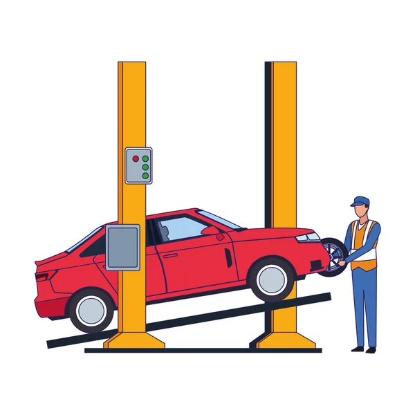 Lyft bil och mekaniker fastställande av ett däck, färgglada design — Stock vektor