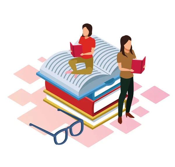 Tecknade kvinnor läser böcker som sitter på böcker med glasögon runt — Stock vektor