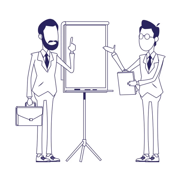 Uomini d'affari dei cartoni animati in piedi con scheda di presentazione — Vettoriale Stock