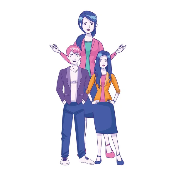 Donna cartone animato con ragazzo adolescente e ragazza in piedi, design colorato — Vettoriale Stock