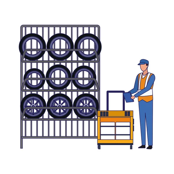 Automechaniker mit Werkzeugwagen und Reifenständer — Stockvektor