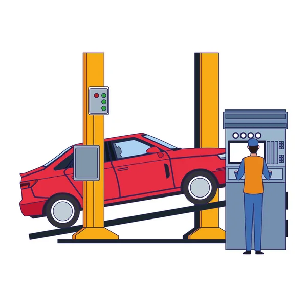 Mecânico de fixação de um ícone de carro levantado, design colorido —  Vetores de Stock