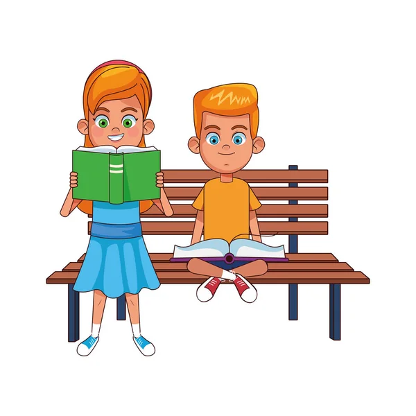 Menina dos desenhos animados lendo um livro e menino sentado no banco, design colorido —  Vetores de Stock