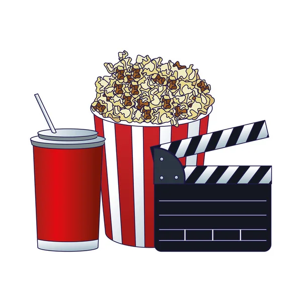 Secchio popcorn con clapboard e tazza di soda, design colorato — Vettoriale Stock