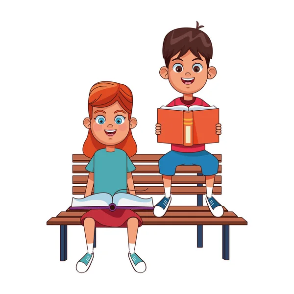 Park lavička s dívkou a chlapec čtení knih, barevný design — Stockový vektor