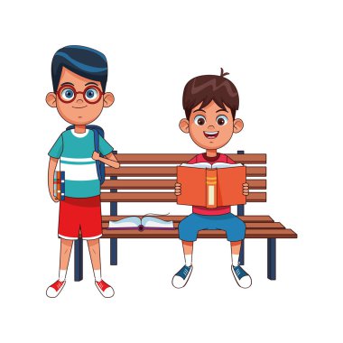 Parktaki bankta kitapları olan çizgi film çocukları. Renkli tasarım.