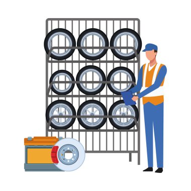 Lastik askısı olan araba tamircisi, renkli tasarım.