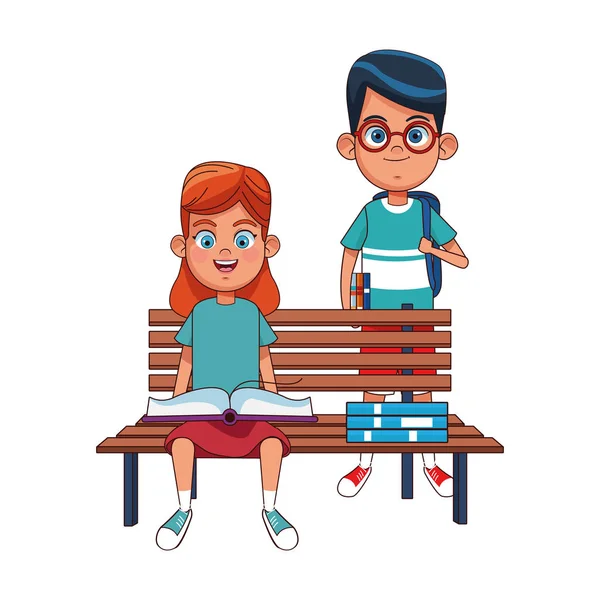 Park bench with cute kids with books, colorful design — Stock Vector