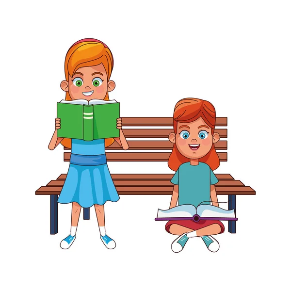 Dziewczyny z kreskówek czytające książki i ławkę w parku, kolorowy design — Wektor stockowy