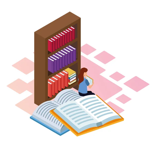 Libros, estantería y lectura de la mujer, diseño colorido — Vector de stock