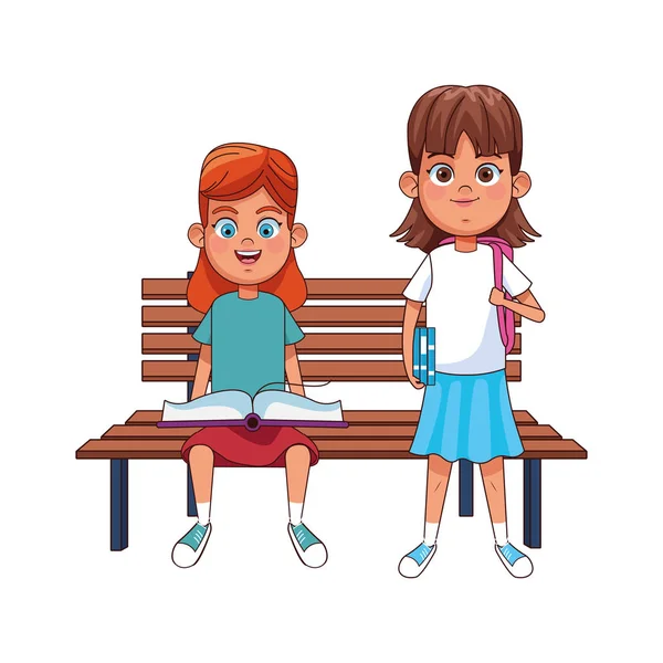 Park bench and cute girls standing — Stock Vector