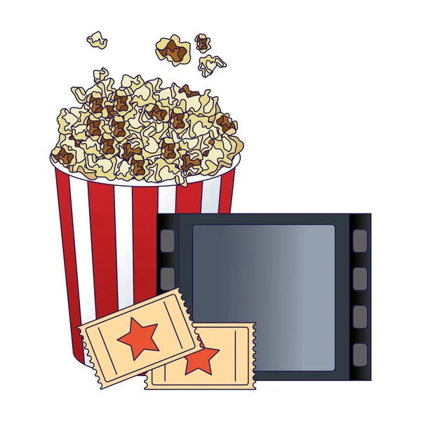 Cubo de maíz pop con carrete de película y entradas para películas, diseño colorido — Vector de stock