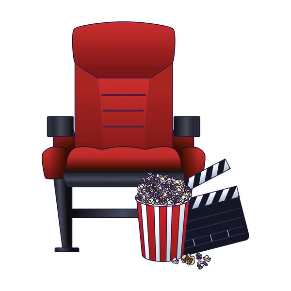 Chaise de théâtre avec pop corn et clapboard, design coloré — Image vectorielle