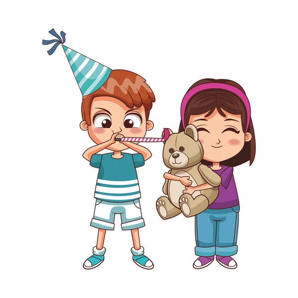 Cartoon glücklicher Junge mit Party-Hut und Mädchen mit Teddybär, buntes Design — Stockvektor