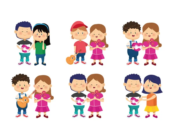 Conjunto de ícones de desenhos animados casais felizes no amor, design colorido —  Vetores de Stock