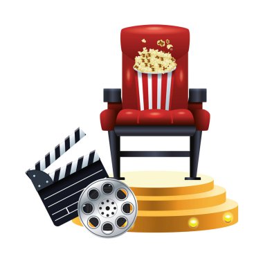Patlamış mısır kovası ve kapaklı sinema koltuğu.