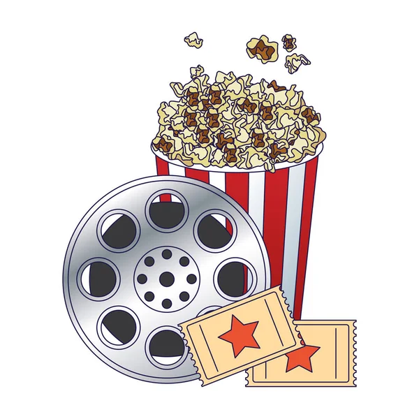 Tazón de maíz pop con carrete de película y entradas para películas, diseño colorido — Vector de stock