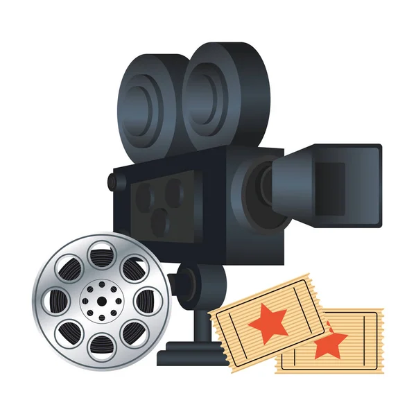 Кинокамера с киноплёнкой и билетами в кино — стоковый вектор