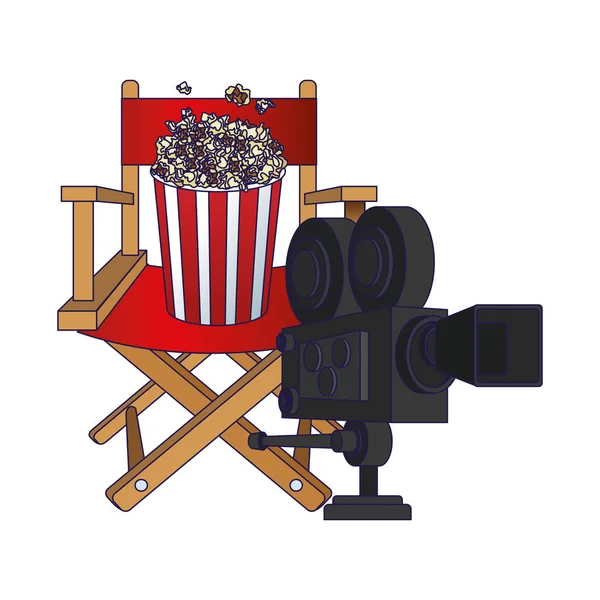 带爆米花桶和电影摄影机的导演椅 — 图库矢量图片