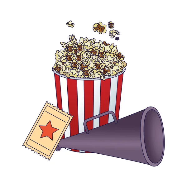 Cubo de maíz pop con boleto de cine y megáfono directores — Vector de stock