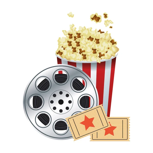Pop corn bowl con bobina di film e biglietti per il cinema — Vettoriale Stock