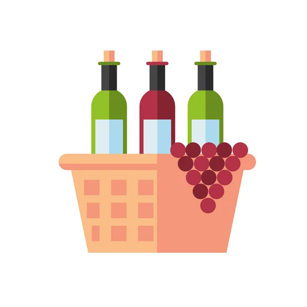 Wine bottles with grapes in basket straw — Stock Vector