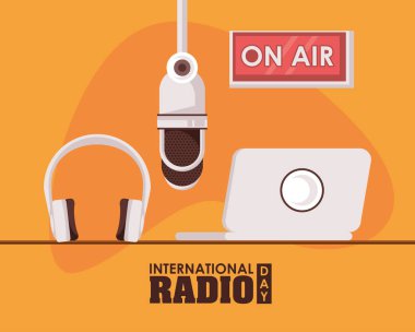 international radio day poster with laptop clipart