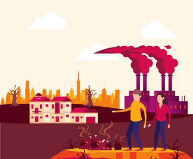 global warming alert with polluting factory