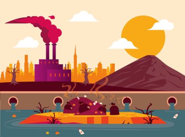 global warming alert with polluting factory